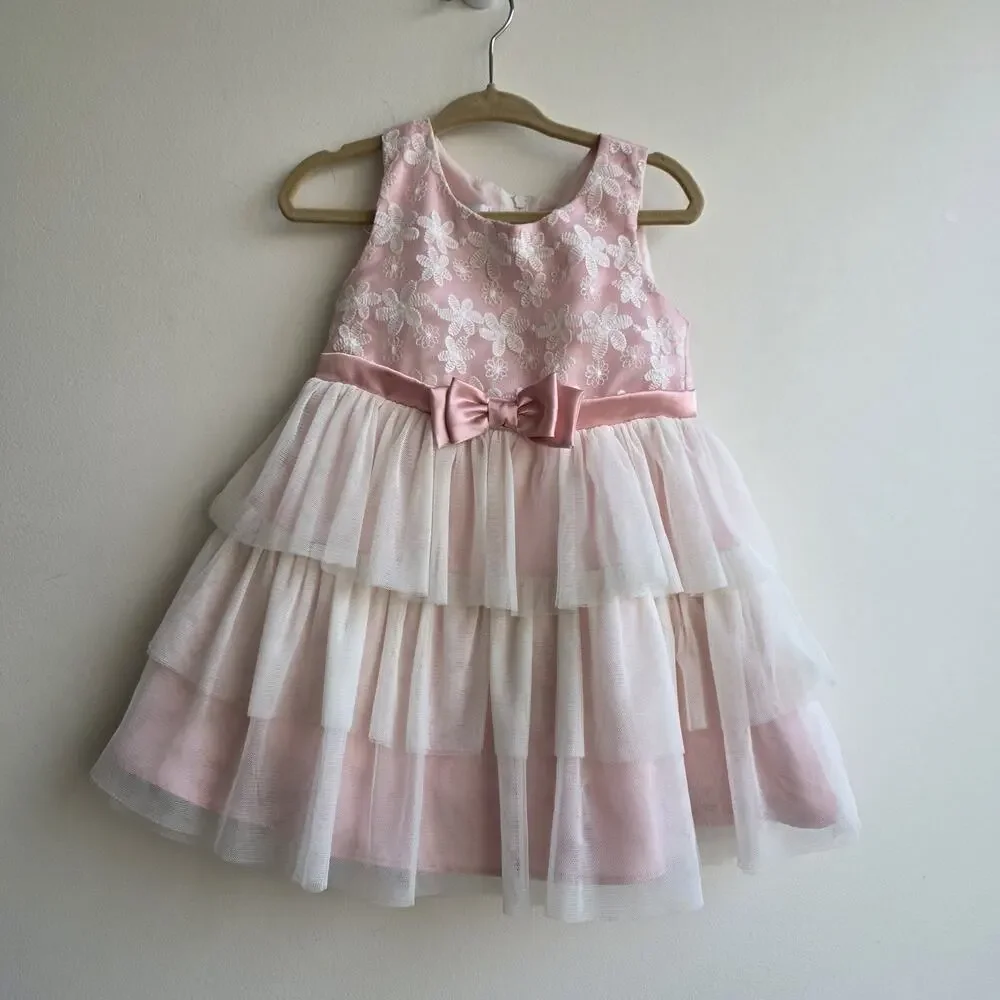 Bonnie‎ Jean Girl's Size 18M Pink & Ivory Tiered Flower Bow Party Dress Easter